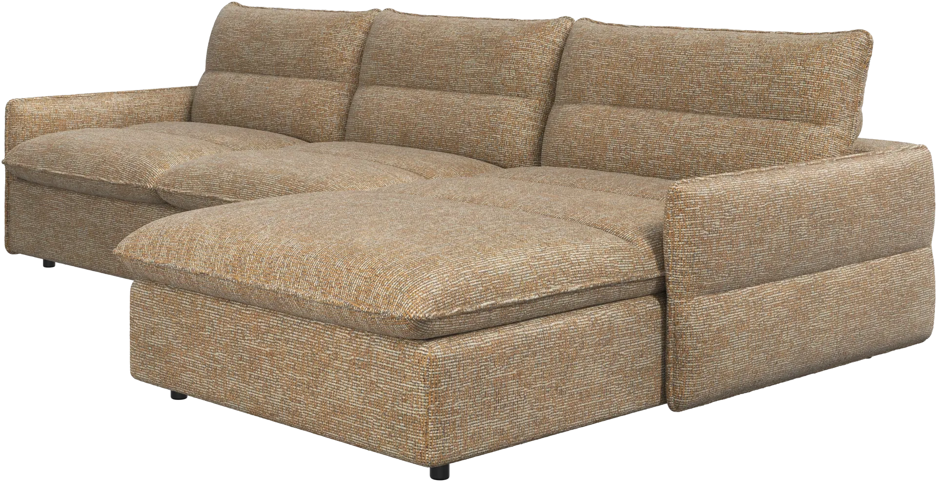 Sovesofa med chaiselong i sennepsfarvet stof