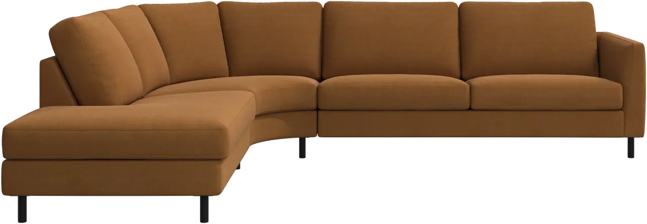 Hj�rnesofa i sennepsfarvet stof