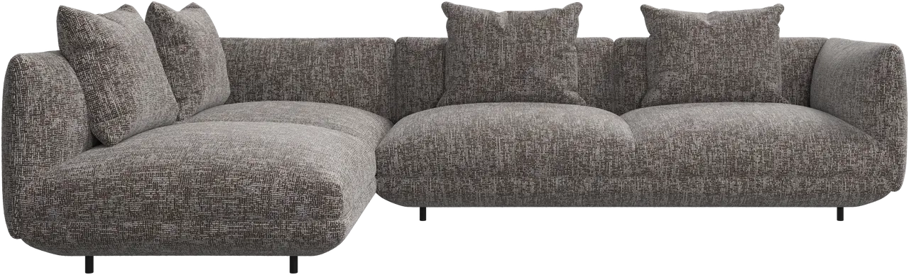 Hj�rnesofa + puf i brunt stof